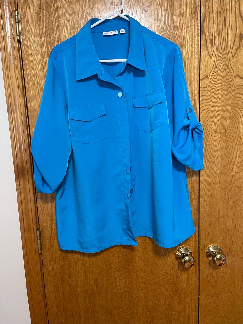 Susan Graver Turquoise Button-Front Utility Blouse